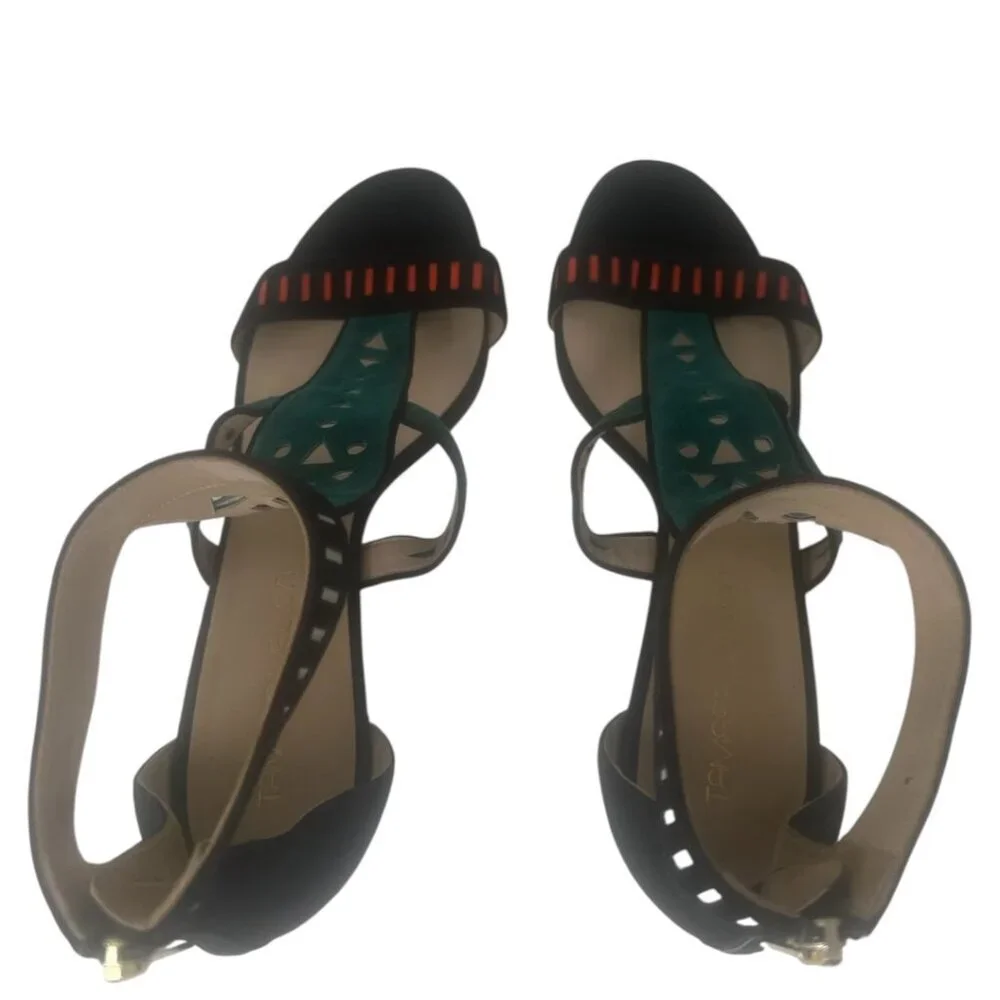 Tamara Mellon Black Suede Green Red White Laser Cut Straps Open Toe Heels Size 9